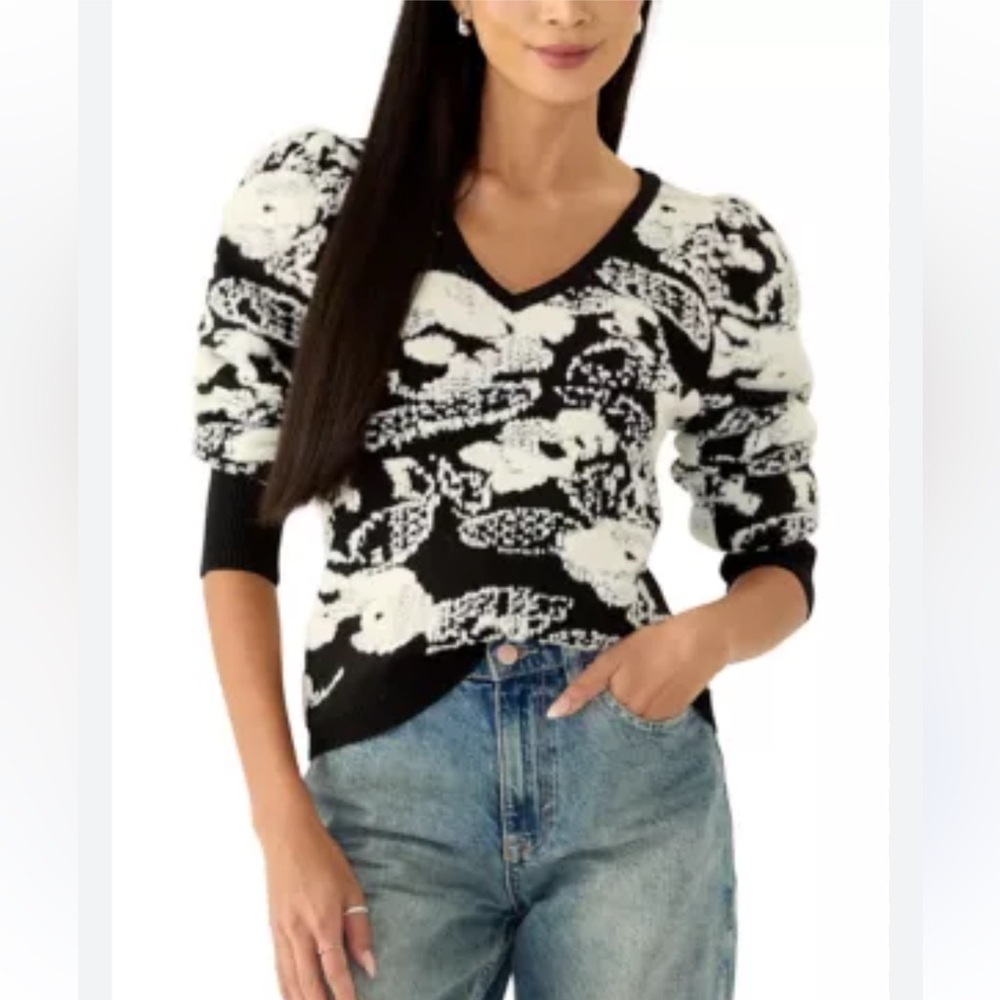 Jason Wu  Long Puff Sleeve Printed V-Neck Sweater  Sz Small